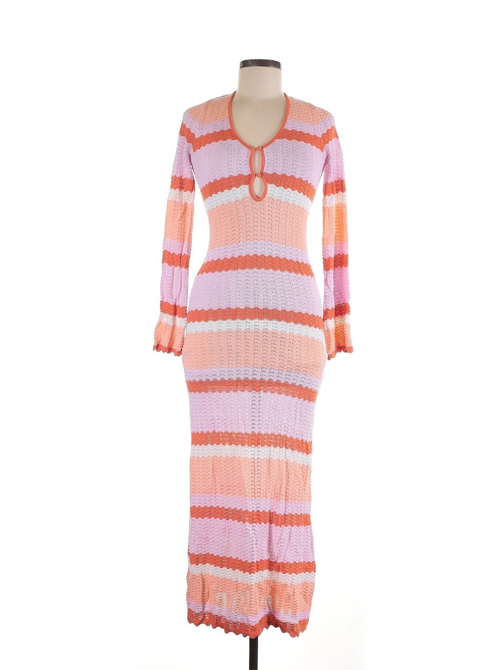 Striped Coral, Pink & White Maxi Knit Dress with Keyhole Detail